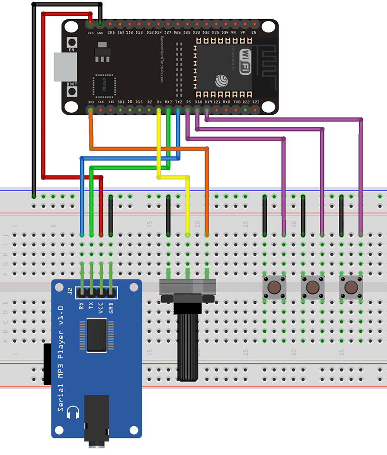 ESP32 avec lecteur MP3 YX5300/YX6300 (Arduino) 16 Lecteur MP3 ESP32 YX5300 YX6300 avec circuit de câblage de commandes de boutons