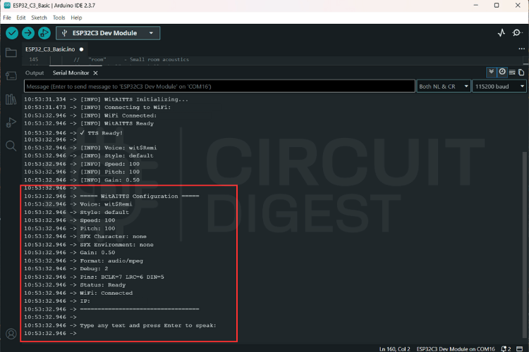 Comment créer une synthèse vocale ESP32-C3 à l'aide de Wit.ai 6 Moniteur série Arduino IDE affichant le journal de configuration WitAITTS avec l'état de la connexion Wi-Fi et l'adresse IP pour la synthèse vocale ESP32-C3 en ligne