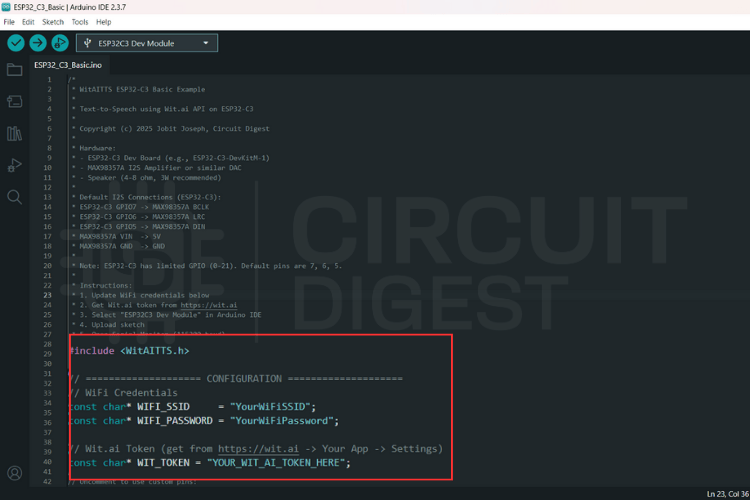 Comment créer une synthèse vocale ESP32-C3 à l'aide de Wit.ai 5 Capture d'écran de l'IDE Arduino montrant où saisir le SSID Wi-Fi, le mot de passe et le jeton Wit.ai Bearer pour le croquis en ligne de synthèse vocale ESP32-C3