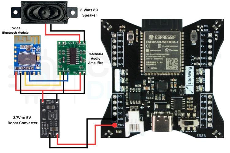 Comment ajouter un haut-parleur au drone LiteWing ESP32 pour une annonce audio sans fil 2 Drone LiteWing ESP32 avec schéma de câblage du matériel de haut-parleur — Module Bluetooth JDY-62 connecté à l'amplificateur PAM8403, haut-parleur 2 W 8 ohms, convertisseur boost et broches VBUS et GND du drone