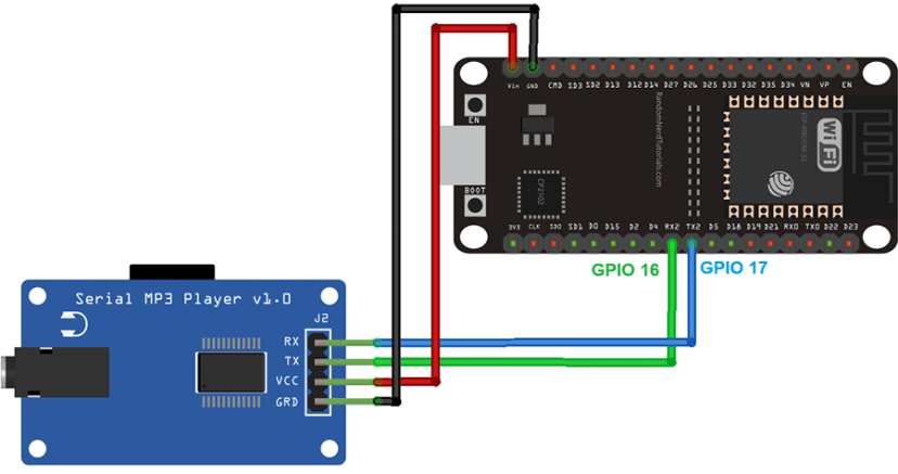 ESP32 avec lecteur MP3 YX5300/YX6300 (Arduino) 5 Circuit de câblage des sons de lecture du lecteur MP3 ESP32 YX5300 YX6300