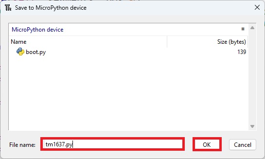 MicroPython : ESP32/ESP8266 TM1637 Affichage LED à 4 chiffres et 7 segments 8 Téléchargez le fichier TM1637.py sur le périphérique Micropython - Thonny IDE