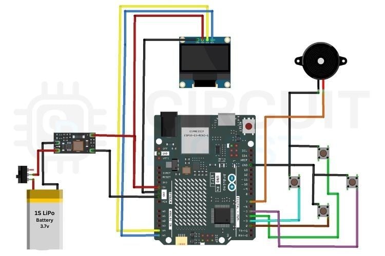 Schéma de câblage complet pour la console de jeu portable DIY Arduino R4 montrant les connexions OLED, boutons, buzzer, batterie LiPo, convertisseur boost et interrupteur à glissière