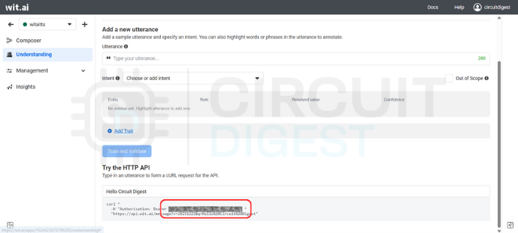 Construisez un réveil parlant à l'aide du XIAO ESP32-S3 3 Tableau de bord Wit.ai montrant le champ du jeton d'accès au serveur utilisé pour configurer l'API TTS du réveil parlant ESP32
