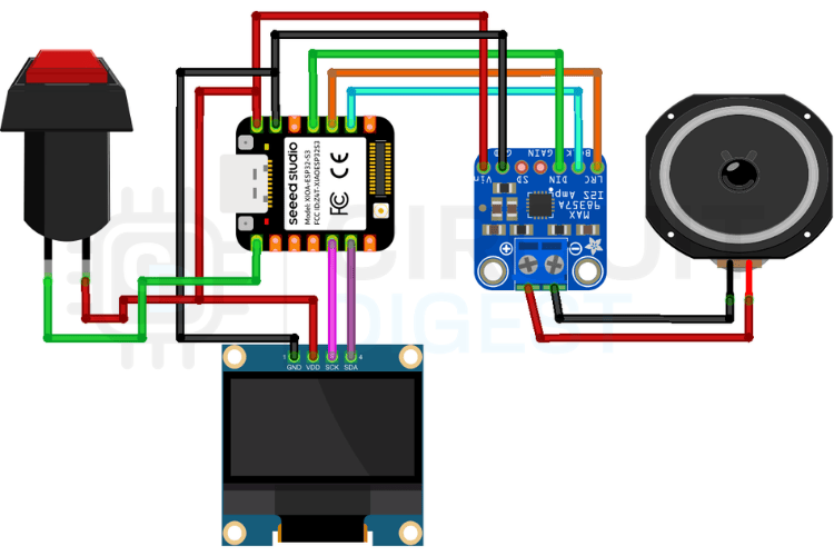 Schéma de circuit du réveil parlant Schéma de circuit du réveil parlant ESP32 montrant XIAO ESP32-S3 câblé à un amplificateur MAX98357A I2S, un écran OLED SSD1306, un haut-parleur et un bouton-poussoir