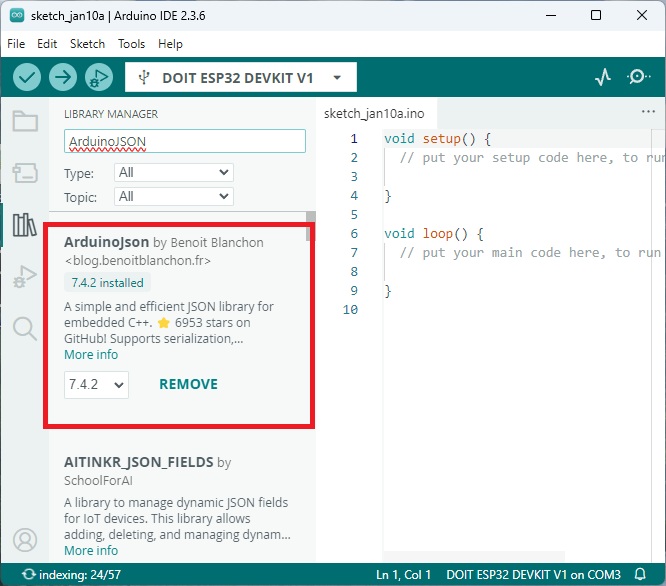 Installer la bibliothèque ArduinoJSON Arduino IDE