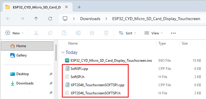 ESP32 CYD : utilisez simultanément l'écran, l'écran tactile et la carte MicroSD 6 Fichiers de bibliothèque XPT2046_TouchscreenSOFTSPI Structure du dossier du projet Arduino IDE