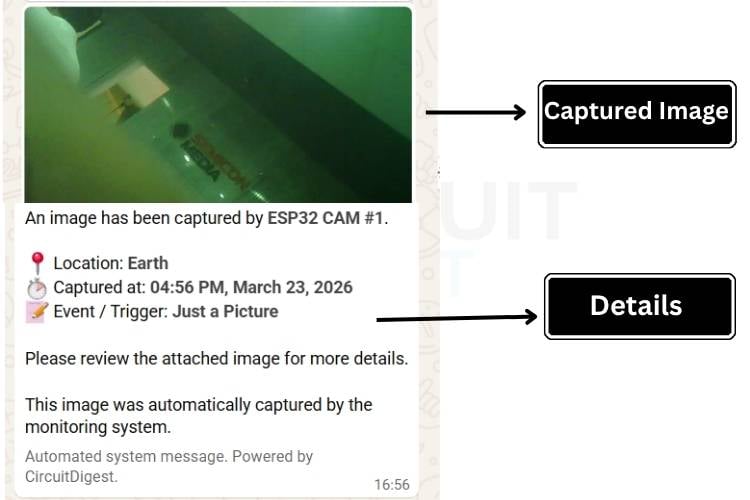 Écran du smartphone affichant le message WhatsApp reçu de l'ESP32-CAM avec l'image capturée et les détails de l'événement