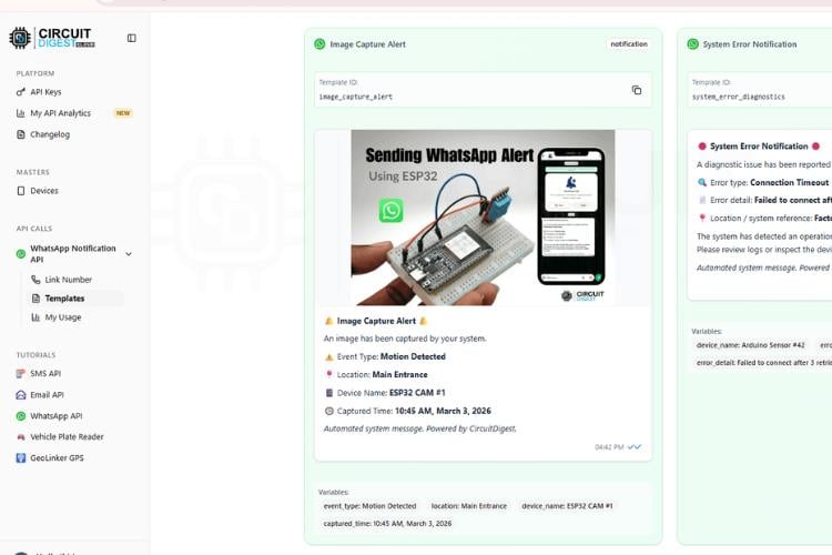 Page de configuration du modèle CircuitDigest Cloud pour le modèle de message WhatsApp image_capture_alert