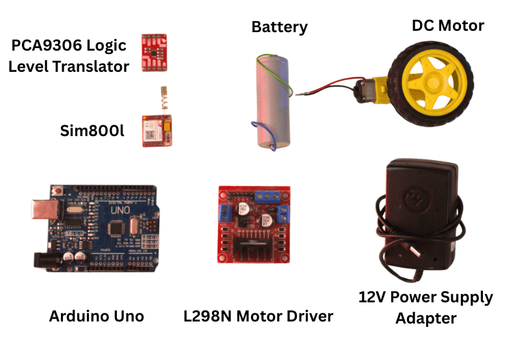 Contrôle de la vitesse du moteur Arduino DC via GSM 2 Tous les composants requis pour le contrôle de la vitesse du moteur à courant continu à l'aide du projet GSM Arduino : Arduino Uno, module GSM SIM800L, pilote de moteur L298N, levier de niveau logique, moteur à courant continu, planche à pain et câbles de raccordement.