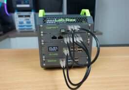 The 3D printed portable homelab with power turned on.