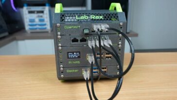 The 3D printed portable homelab with power turned on.