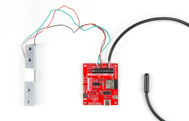 Carte SparkFun OpenScale IoT connectée à une cellule de pesée et une sonde de température externe f