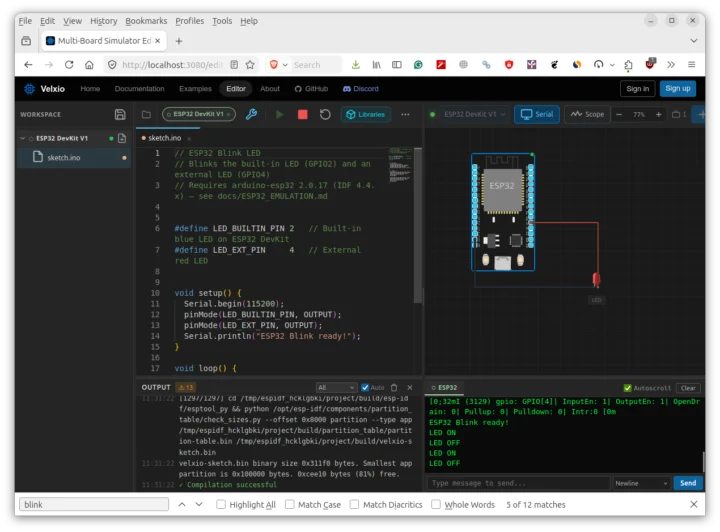 Échantillon de LED clignotante Velxio ESP32