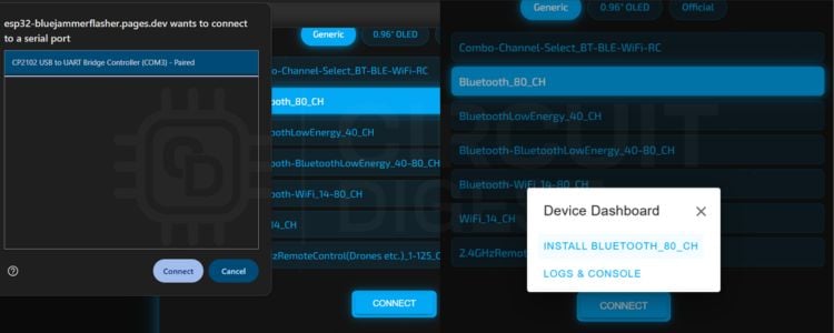 Capture d'écran montrant la sélection du port COM et le bouton d'installation du micrologiciel du brouilleur Bluetooth ESP32 clignotant