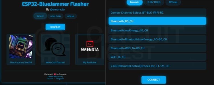 Capture d'écran montrant comment sélectionner le micrologiciel Bluetooth_80_CH correct sur la page Web Flasher du brouilleur Bluetooth ESP32