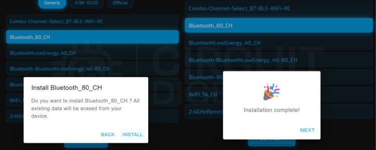 Capture d'écran montrant la confirmation de l'installation réussie du micrologiciel pour le brouilleur Bluetooth ESP32