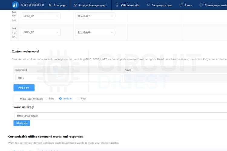 Alternatives à faible coût au module de reconnaissance vocale hors ligne au VC-02 7 Section de configuration du mot de réveil dans le SDK Ai-Thinker affichant le champ de saisie pour le mot de réveil et le texte de réponse de réveil Configuration du mot de réveil dans le SDK Ai-Thinker – choisissez un mot court et phonétiquement distinct pour une détection fiable du mot de réveil hors ligne