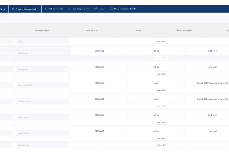 Alternatives à faible coût au module de reconnaissance vocale hors ligne au VC-02 8 Paramètres de contrôle des commandes de reconnaissance vocale hors ligne affichant le mot de comportement, la phrase de commande, le texte de réponse et la configuration GPIO HIGH/LOW Configuration de la commande : définissez le mot de comportement, la phrase prononcée par l'utilisateur, la réponse audio et l'action de sortie GPIO pour chaque commande de reconnaissance vocale hors ligne.
