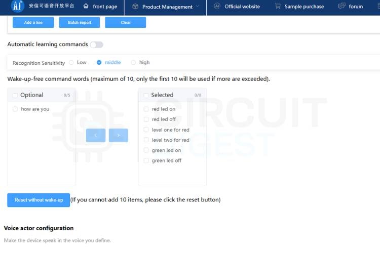 Alternatives à faible coût au module de reconnaissance vocale hors ligne au VC-02 9 Tableau de sélection des commandes sans réveil dans le SDK Ai-Thinker affichant des cases à cocher pour activer jusqu'à 10 commandes qui fonctionnent sans mot de réveil Configuration des commandes sans réveil - sélectionnez jusqu'à 10 commandes vocales hors ligne qui peuvent être déclenchées sans répéter le mot de réveil