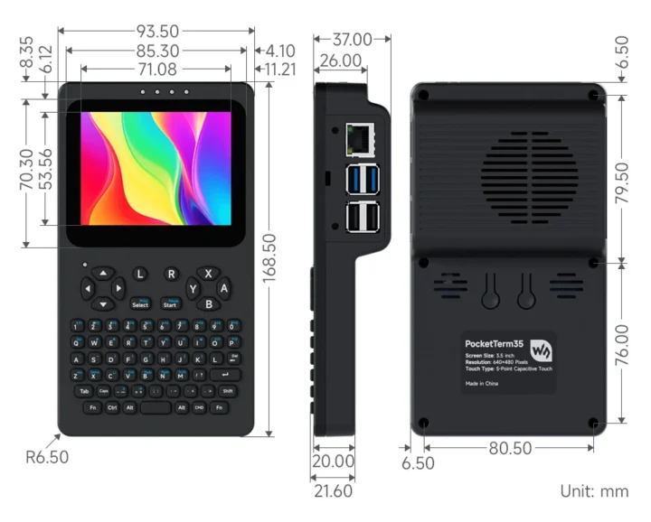 Dimensions de Waveshare PocketTerm35 Dimensions de Waveshare PocketTerm35