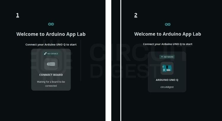 Premiers pas avec Arduino UNO Q - Guide du débutant 6 Écran de bienvenue de l'Arduino App Lab affichant l'état « Carte non connectée » avant que UNO Q ne soit branché