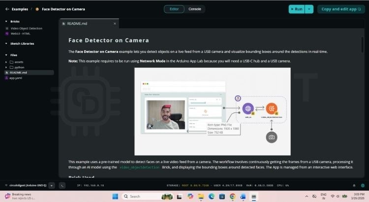 Premiers pas avec Arduino UNO Q - Guide du débutant 8 Exemple de brique de détecteur de visage ouverte dans Arduino App Lab montrant deux briques connectées pour la caméra et la détection