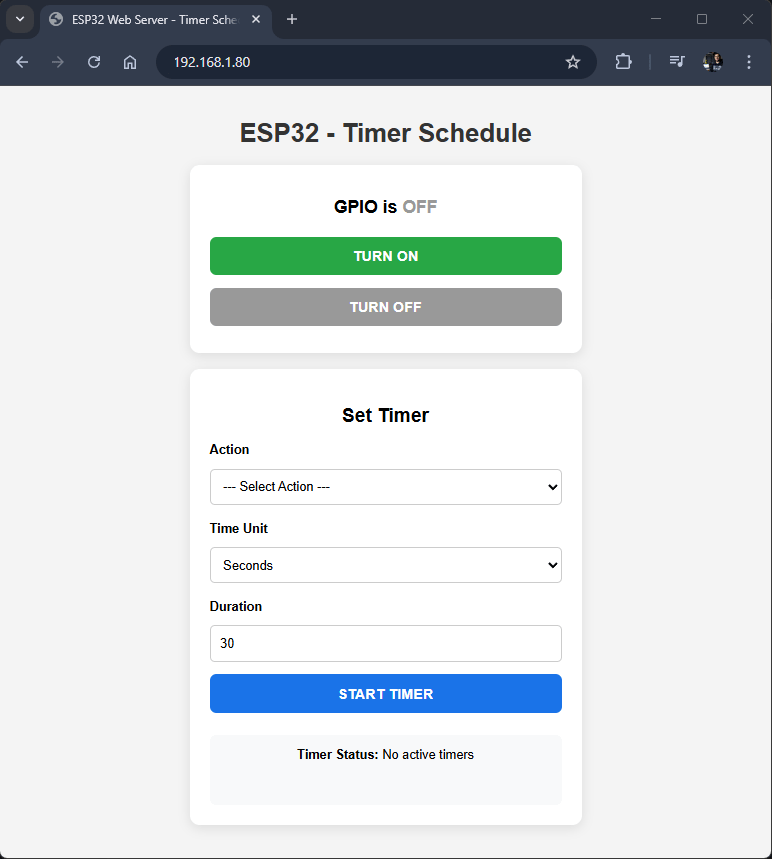 Serveur Web ESP32 : définir la programmation de la minuterie (Arduino IDE) 8 Page Web de programmation de la minuterie du serveur Web ESP32