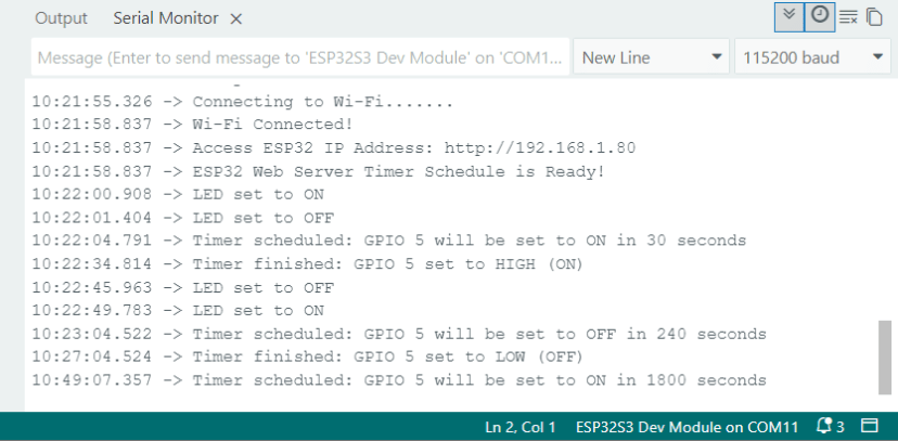 Serveur Web ESP32 : définir la programmation de la minuterie (Arduino IDE) 12 Programmation du serveur Web ESP32 Démonstration du moniteur série Arduino IDE