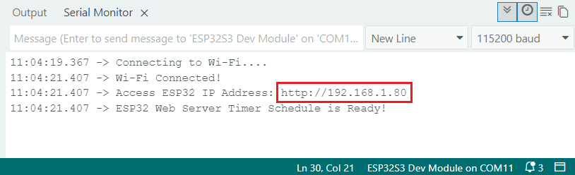 Serveur Web ESP32 : définir la programmation de la minuterie (Arduino IDE) 7 ESP32 Web Server Set Timer Programmation Arduino IDE Serial Monitor Adresse IP