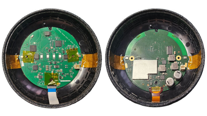 MiciMike Home Mini placé dans un Google Home Mini de 1ère génération Comparaison côte à côte du PCB Drop-In MiciMike Home Mini (à gauche) et de la carte mère Google Home Mini d'origine (à droite).