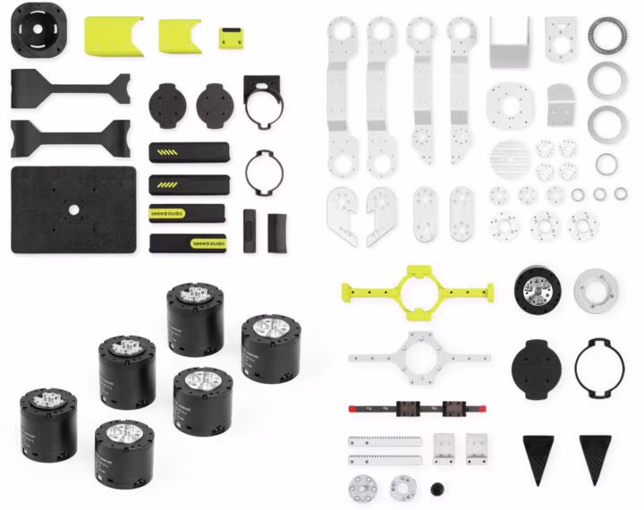 Vue éclatée du reBot Arm B601 DM montrant les pièces structurelles, les moteurs et les composants de préhension Vue éclatée du bras robotique IA open source reBot Arm B601-DM montrant les pièces structurelles, les moteurs et les composants de préhension