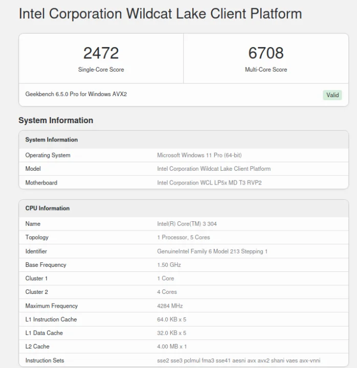 Test Intel Core 3 304 Geekbench 6.5 Test Intel Core 3 304 Geekbench 6.5