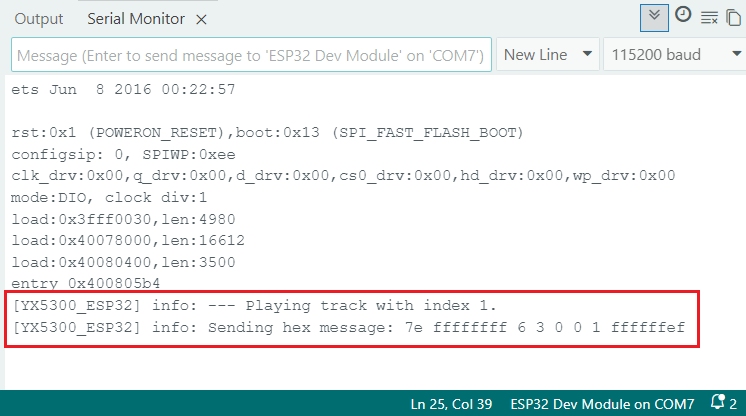ESP32 : lire des fichiers son ou audio .mp3/.wav YX5300 (Arduino) 13 ESP32 YX5300 YX6300 Piste de lecture du lecteur MP3 Démonstration du moniteur série Arduino IDE