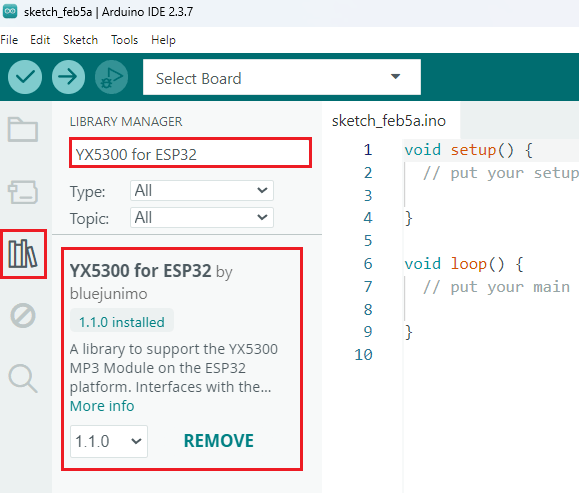 ESP32 : lire des fichiers son ou audio .mp3/.wav YX5300 (Arduino) 6 Installation de YX5300 YX6300 pour lecteur MP3 ESP32 série Arduino IDE