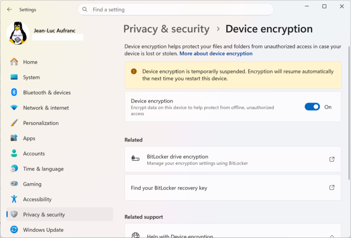 Le chiffrement des appareils BitLocker est temporairement désactivé