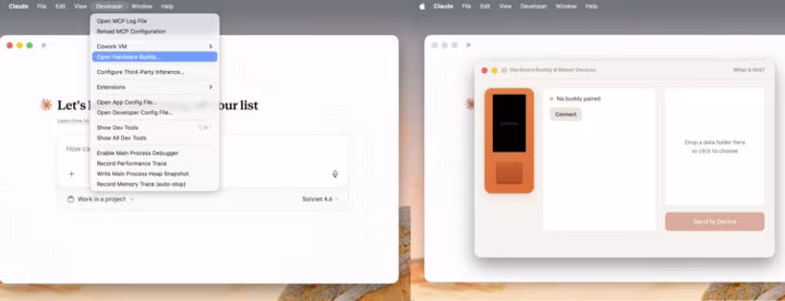 Application de bureau Claude affichant la fenêtre Hardware Buddy dans le menu Développeur (à gauche) et l'interface de couplage pour connecter un appareil ESP32 et ajouter des packs de caractères personnalisés (à droite). Application de bureau Claude affichant la fenêtre Hardware Buddy dans le menu Développeur (à gauche) et l'interface de couplage pour connecter un appareil ESP32 et ajouter des packs de caractères personnalisés (à droite).