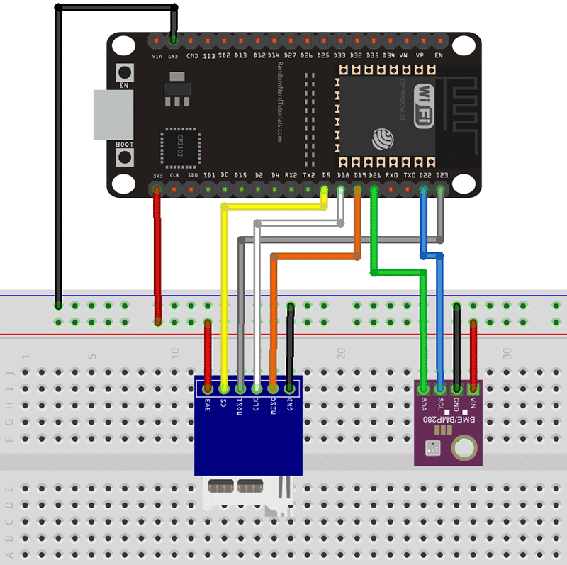 Serveur Web ESP32 : graphiques avec données historiques (fichier CSV) 5 Diagramme ESP32 du serveur Web Arduino IDE Schéma de circuit de câblage Carte MicroSD BME280
