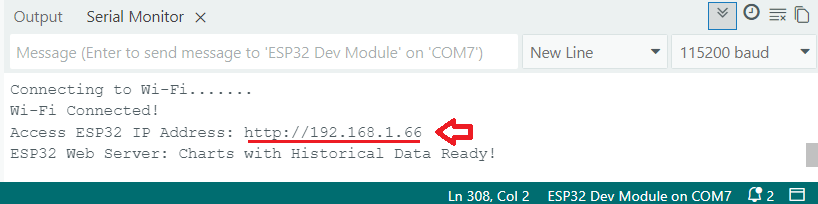 Serveur Web ESP32 : graphiques avec données historiques (fichier CSV) 12 Graphique ESP32 Serveur Web Démarrer le moniteur série Arduino IDE