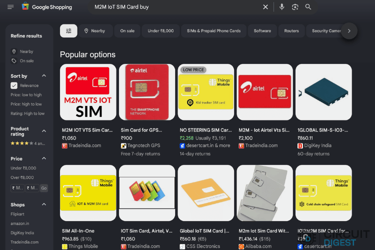 Comment obtenir et utiliser une carte SIM IoT M2M en Inde ? 3 Résultats Google Shopping montrant les cartes SIM IoT M2M, les SIM Airtel IoT et les modules SIM industriels pour les applications IoT.