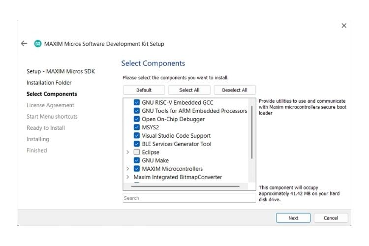 Premiers pas avec la carte de développement Feather MAX32672 8 Programme d'installation du SDK MAXIM Micros – Étape de sélection des composants