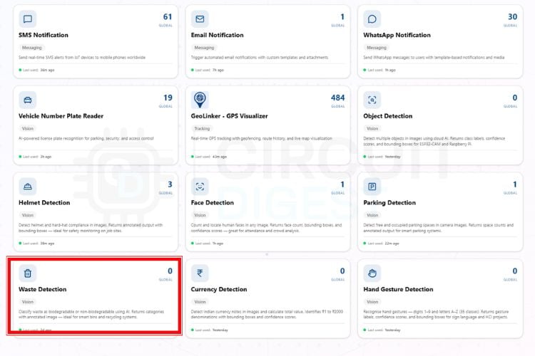 Comment effectuer une détection de déchets à l'aide d'ESP32-CAM avec CircuitDigest Cloud 3 Page d'accueil de CircuitDigest Cloud affichant la carte de fonctionnalité de détection des déchets et la section Clé API Tableau de bord CircuitDigest Cloud : accédez à la section Détection des déchets pour obtenir votre clé API et ajuster le seuil de confiance.