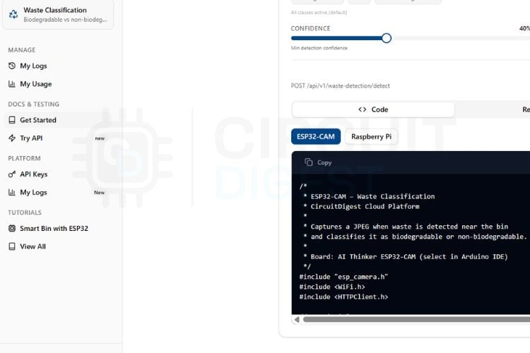 Comment effectuer une détection de déchets à l'aide d'ESP32-CAM avec CircuitDigest Cloud 6 IDE Arduino montrant le croquis de détection des déchets ESP32-CAM avec clé API et configuration Wi-Fi