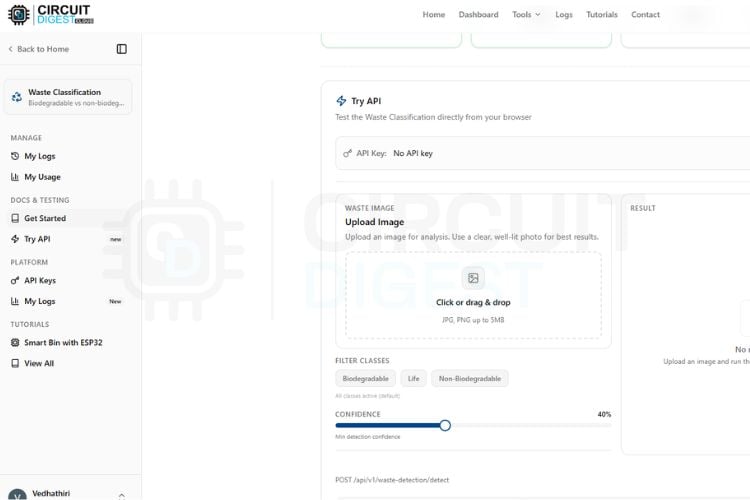 Comment effectuer une détection de déchets à l'aide d'ESP32-CAM avec CircuitDigest Cloud 4 CircuitDigest Cloud Waste Detection Essayez l'interface API affichant le téléchargement d'images et le bouton Exécuter le test