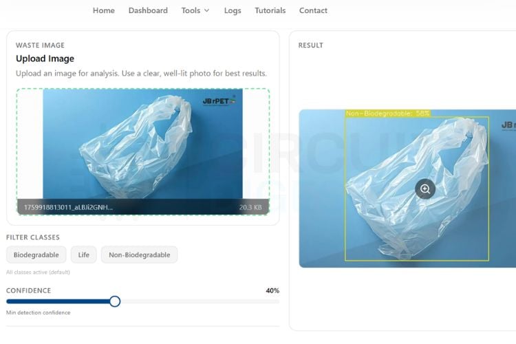 Comment effectuer une détection de déchets à l'aide d'ESP32-CAM avec CircuitDigest Cloud 5 Résultat du test de l'API CircuitDigest Cloud montrant la détection des déchets biodégradables et non biodégradables avec des scores de confiance