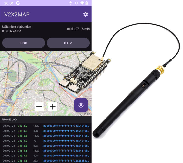 Surveillance du trafic avec le récepteur ESP32-C5 et l'application V2X2MAP 1 ESP32-C5 traffic monitoring V2X2MAP