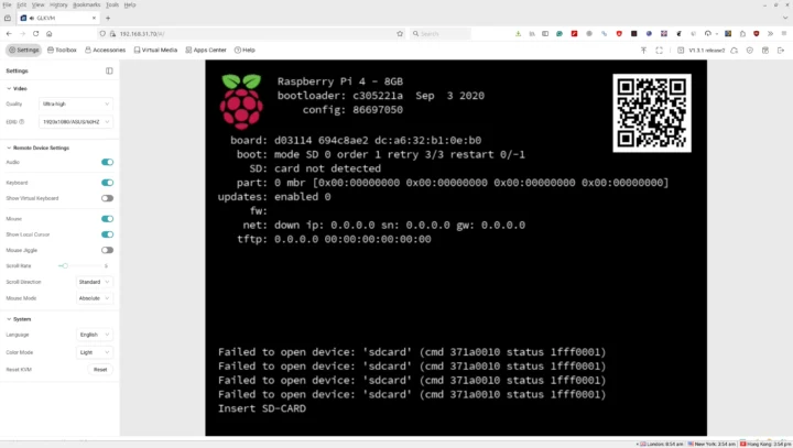 Chargeur de démarrage GLKVM Raspberry Pi 4 Aucune carte MicroSD présente Chargeur de démarrage GLKVM Raspberry Pi 4 Aucune carte MicroSD présente