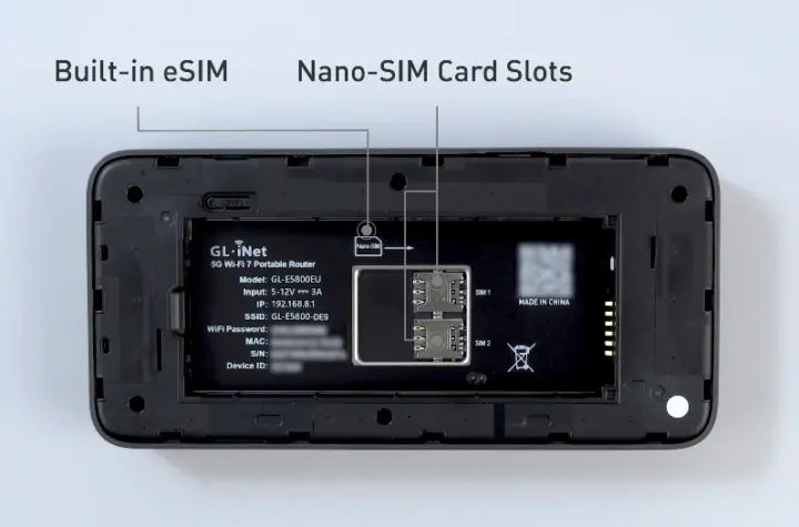 Emplacements pour carte NanoSIM GL-E5800 Bouton de réinitialisation Emplacements pour carte NanoSIM GL-E5800 Bouton de réinitialisation