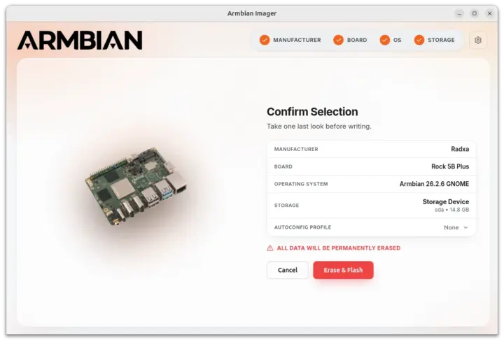 Armbian Imager 2.0 confirme la sélection Armbian Imager 2.0 confirme la sélection