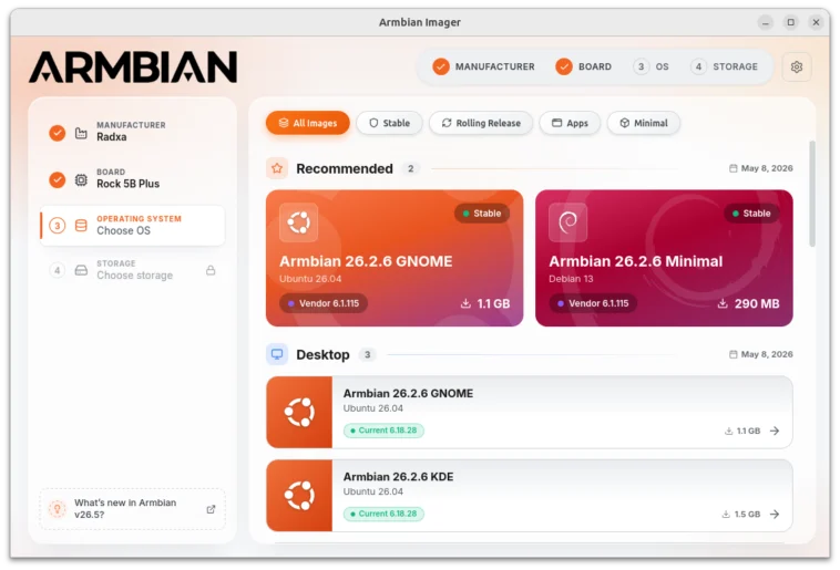 Armbian Imager 2.0 : flashez facilement Ubuntu et Debian sur vos cartes SBC 1 Rock 5B Plus Armbian Operating System Selection